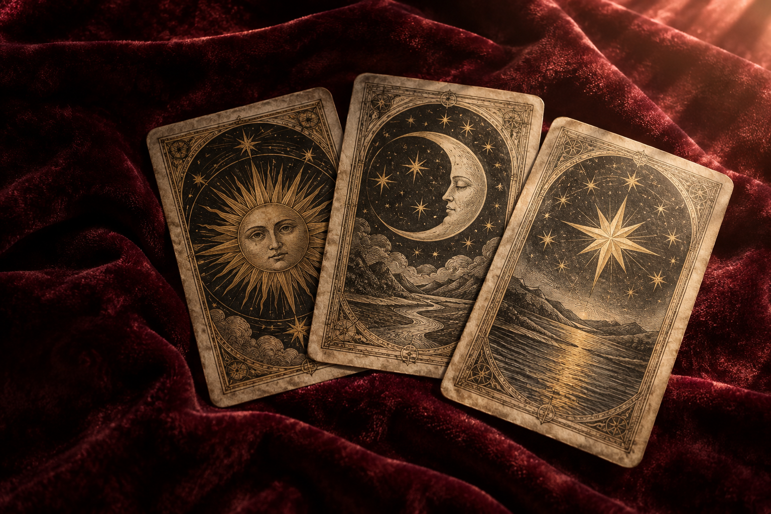 Cartas del tarot sobre terciopelo granate