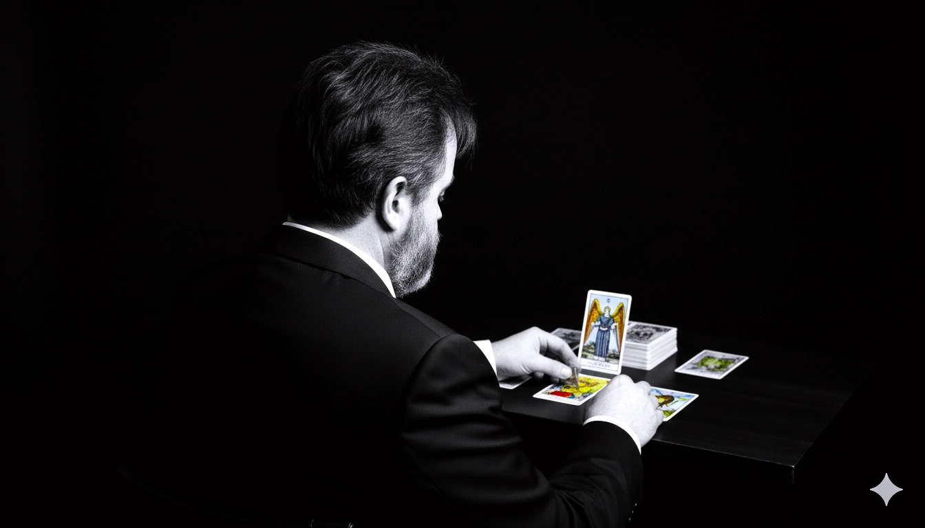 taarotista de espaldas anilando cartas