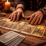 Tarot evolutivo: manos de tarotista realizando una tirada de cartas