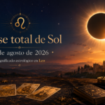 Eclipse total de Sol del 12 de agosto de 2026 con símbolo de Leo y cartas del tarot