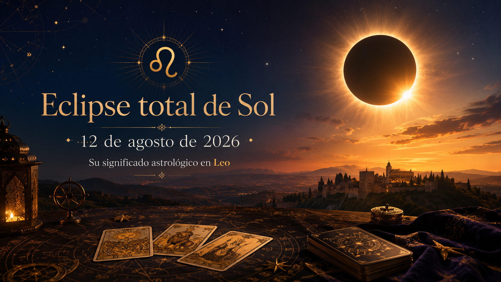 Eclipse total de Sol del 12 de agosto de 2026 con símbolo de Leo y cartas del tarot